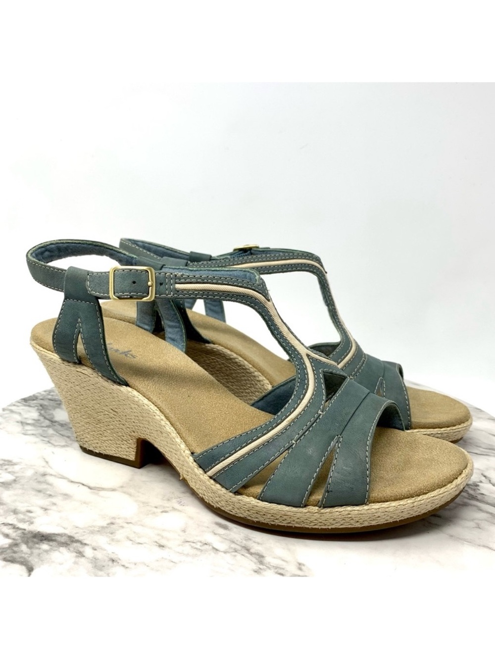 Clarks Blue Leather T-Strap Platform Comfort Platforms 10 Nautical Resortwear